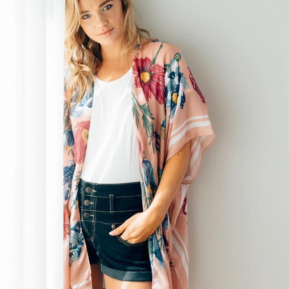 NWT Woven Heart Women's Peach Floral Print Kimono Swimsuit Cover Up One Size